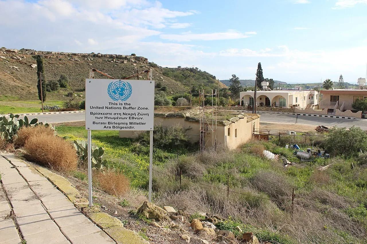 Metehan Crossing (Kermiya / Agios Dometios), North Nicosia — UN Buffer Zone sign